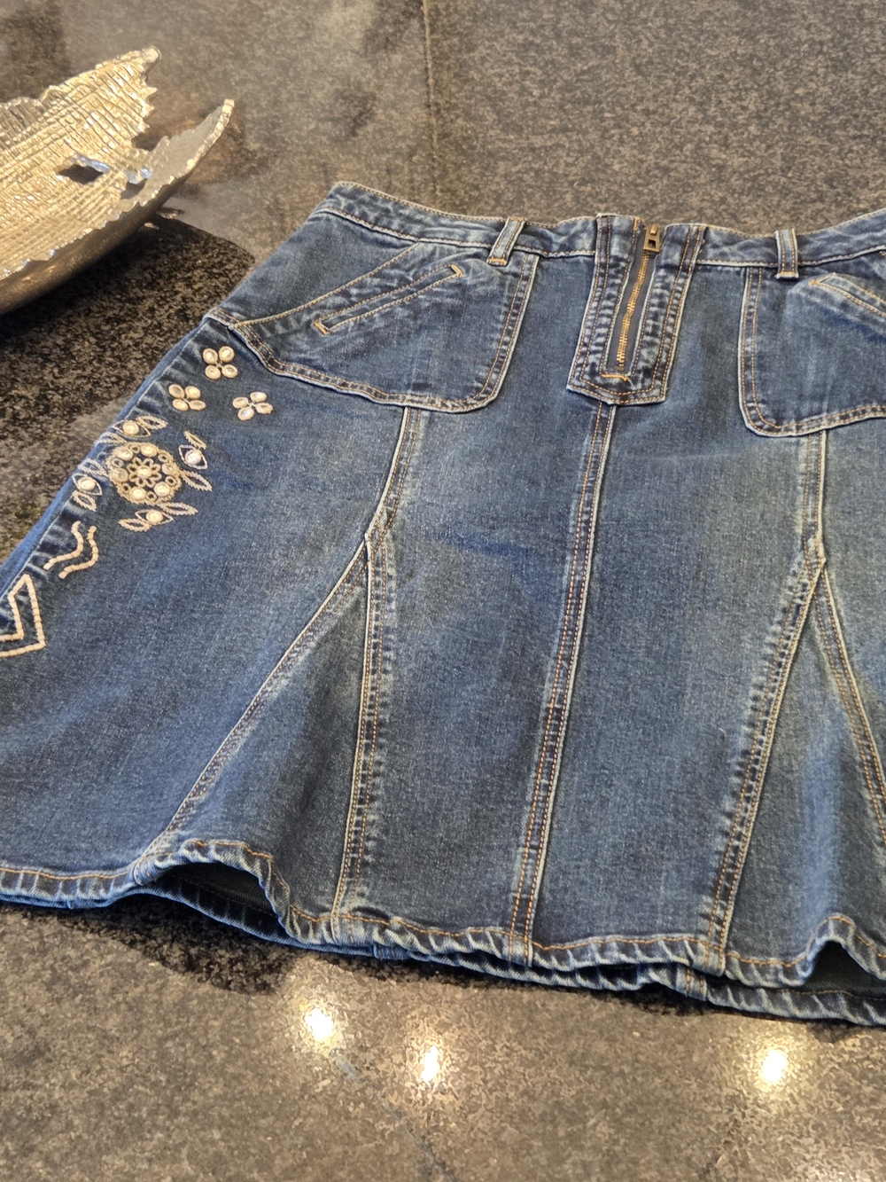 Desigual Blue Denim Embroidered Skater Skirt